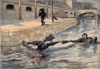 Een ingenieuze redding: nabij de brug van de Heilige Vader, een vrouw die in de Seine is gevallen wordt gered door een man die een andere vrouw hielp. Gravure uit de krant 