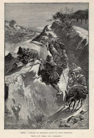 Andjera-bergopstand in Marokko: hinderlaag van Angherristen die wachten op Sheriffiaanse troepen. Gravure in 
