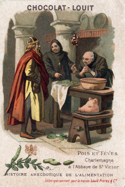 Anekdotische geschiedenis van voedsel: erwten en bonen. Karel de Grote (742-814) vraagt om het recept van de monniken van de Abdij van Saint Victor die op een opmerkelijke manier erwten bereidden. Chocolade-Louit chromolithografie, eind 19e eeuw. door Anonymous Anonymous
