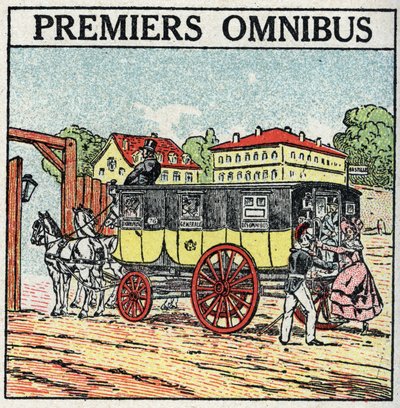 Dierlijke tractie: eerste omnibus verscheen in Frankrijk onder Karel X (1824-1830). Anonieme illustratie uit 1925. Privécollectie. door Anonymous Anonymous