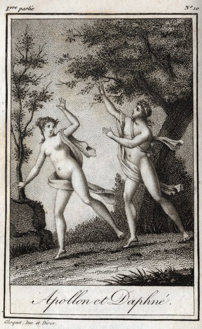 Apollo en Daphne. De nimf Daphne verandert in een laurier om aan Apollo te ontsnappen. Gravure uit 1819 in "Lettres à Emilie sur la mythologie" door Charles Albert Demoustier (1760-1801). Privécollectie. door Anonymous Anonymous