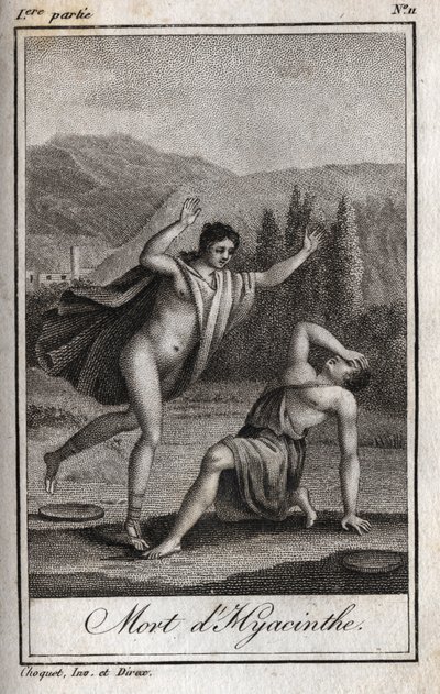 Apollo en Hyacinthos (Dood van Hyacinthe) Gravure uit 1819 in "Lettres à Emilie sur la mythologie" door Charles Albert Demoustier (1760-1801). Privécollectie. door Anonymous Anonymous