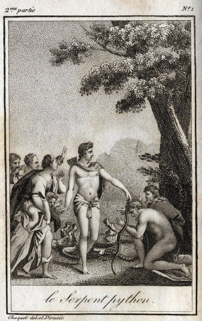 Apollo en de Python-slang op de berg Parnassus. Gravure uit 1819 in 