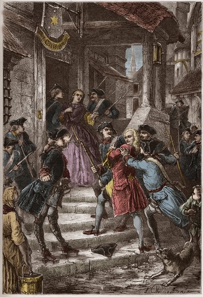 Arrestatie van Voltaire en zijn nicht in Pruisen, op bevel van Frederik de Grote - gravure uit "L