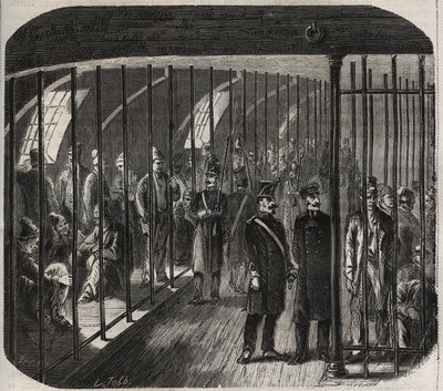 Aankomst van de troepen aan boord tijdens het konvooi van Toulon naar Cayenne (Guyana) volgens het decreet van 8 december 1851. Gravure in “Histoire des bagnes depuis leur création à nos jours” (1877) door Anonymous Anonymous
