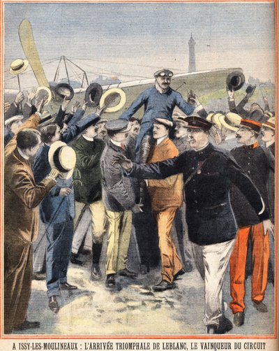 Triomfantelijke aankomst van Alfred LeBlanc (1869-1921), Franse piloot, winnaar van het luchtcircuit in Issy Les Moulineaux (Issy-Les-Moulineaux). Gravure in Le petit parisien op 14/08/1910 door Anonymous Anonymous