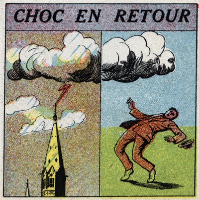 Atmosferische elektriciteit: schok in retour. Een man wordt geëlektrocuteerd omdat hij zich in het invloedveld van een bliksemzone bevindt. Anonieme illustratie uit 1925. Privécollectie. door Anonymous Anonymous
