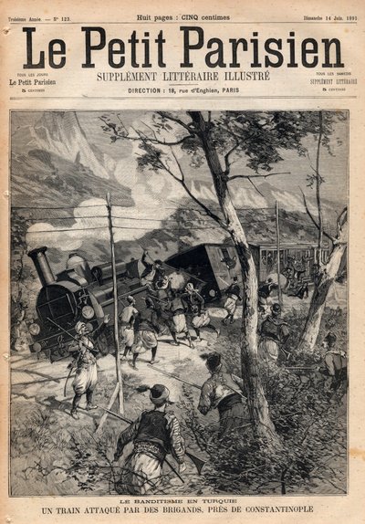 Banditisme in Turkije, een trein aangevallen door rovers nabij Constantinopel. Gravure in 
