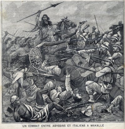 Slag tussen de Abessijnen van Menelik II en de Italianen in Makalle, Ethiopië. Gravure in 
