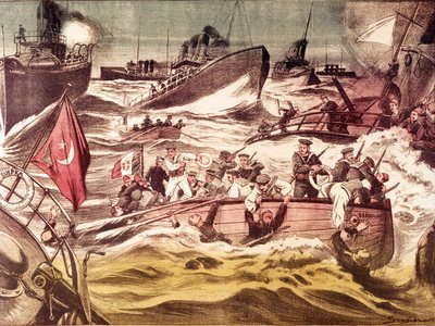Slag bij Kunfuda: zeeslag gevochten op 7 en 8 januari 1912, tijdens de Italiaans-Turkse Oorlog (1911-1912), in de Rode Zee, voor de haven van Kunfuda, Saoedi-Arabië. door Anonymous Anonymous