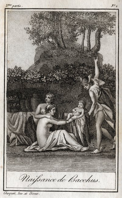 Geboorte van Bacchus, zoon van Jupiter en Semele. Gravure uit 1819 in 