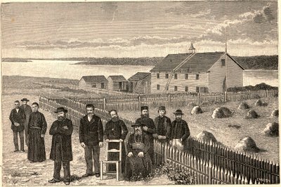 Bisschop Isidore Clut (1832-1903), R.P. Le Corre en andere leden van de Providence Mission in Athabaska Mackenzie in Canada aan het einde van de 19e eeuw. Gravure in 