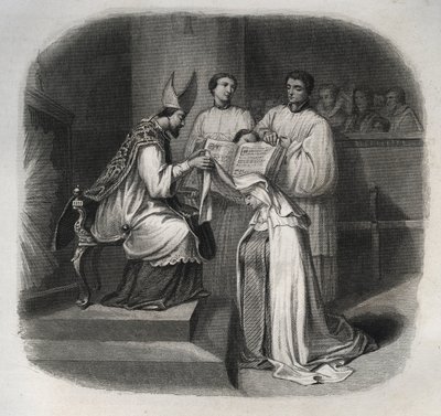 Zalige Maria van de Incarnatie (Jeanne Avrillot) (1566-1618) Franse mystica ontvangt de Carmelitensluier in 1614. Gravure uit 1846 in 