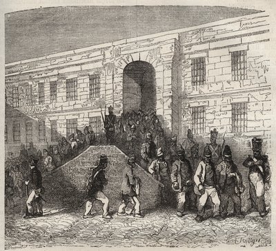 Bagne van Brest in de 19e eeuw. Gravure in “Histoire des bagnes depuis leur création à nos jours” (1877). Privécollectie door Anonymous Anonymous