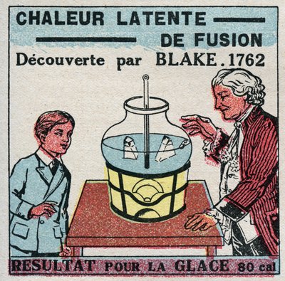 Calorimetrie: de latente warmte van fusie ontdekt door Joseph Black (1728-1799) in 1761-1762. Resultaat voor ijs. Anonieme illustratie uit 1925. Privécollectie door Anonymous Anonymous