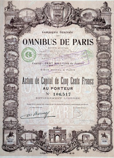 Aandeel van 500 Francs in de Parijse omnibus, 20e eeuw door Anonymous Anonymous