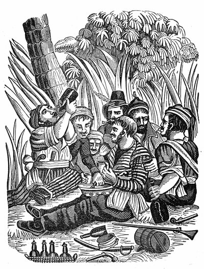 De bemanning van kapitein Bartholomew Roberts rust uit bij de rivier de Oude Calabar, eind 17e eeuw. Gravure uit “The pirate own book” 1837 door Anonymous Anonymous