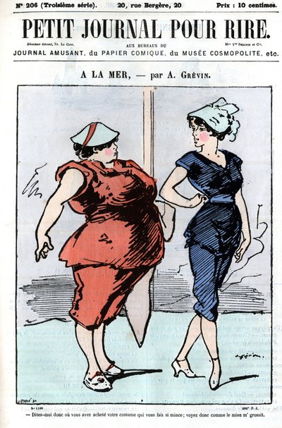 Cartoon over mensen op zee. Twee vrouwen, waarvan er één over mode spreekt: 
