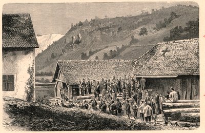 Viering van de katholieke eredienst in Saint Ursanne in Zwitserland in 1874, naar een foto. Gravure in 