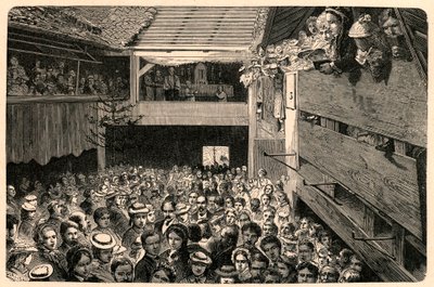Viering van de katholieke eredienst in Porrentruy, Zwitserland in 1874, naar een foto. Gravure in Les Missions Catholiques au XIXe Siècle door Louis-Eugene Louvet. Privécollectie. door Anonymous Anonymous