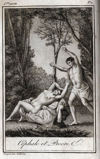 Cephale en Procris (Cephalus) liefdespaar. Gravure uit 1819 in 