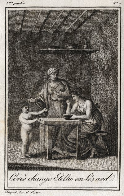 Ceres verandert Stellion in een hagedis. Gravure uit 1819 in 