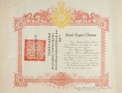 Eresapeque-certificaat aan Kim Tien soldaat van de 1e klasse van het Keizerrijk Annam, Vietnam regio (Frans Indochina). Inkt op datum papier dd 1921, totale afmetingen 51Cm X 40Cm door Anonymous Anonymous