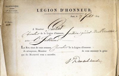 Certificaat van levering van het Legioen van Eer aan Guizot, secretaris-generaal van het Ministerie van Binnenlandse Zaken, 21/07/1814 door Anonymous Anonymous