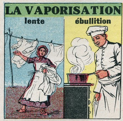 Veranderingen in toestanden: langzame verdamping (windwerking) of koken (hitte onder een pan). Anonieme illustratie uit 1925. Privécollectie. door Anonymous Anonymous