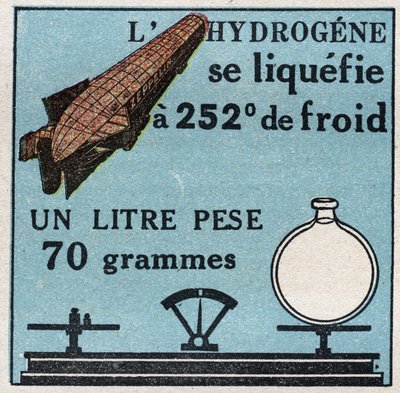 Veranderingen in toestanden: dampen. Waterstofvervloeiing heeft 252 graden kou. Anonieme illustratie uit 1925. Privécollectie door Anonymous Anonymous