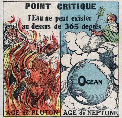 Veranderingen in toestanden: dampen. Water kan niet bestaan boven 365 graden (kritiek punt). Anonieme illustratie uit 1925. Privécollectie. door Anonymous Anonymous