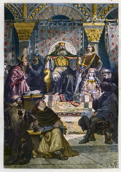 Karel de Grote op zijn troon, presiderend over de Paleisacademie - gravure uit L