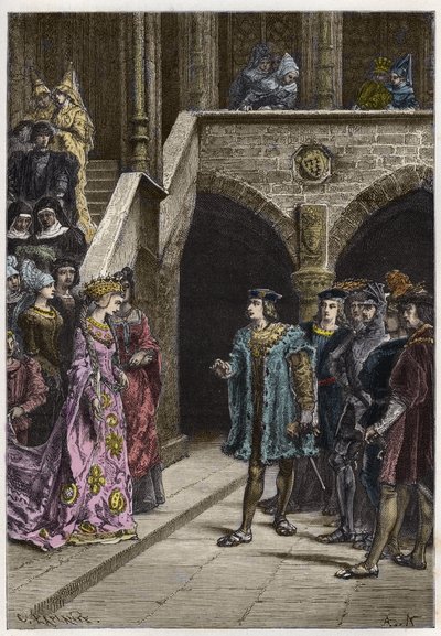 Karel VIII en Anne de Bretagne - Ontmoeting tussen koning Karel VIII (1470-98) en koningin Anne van Bretagne - gravure uit 