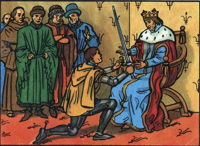 Karel V de Wijze (1338-1380) overhandigt plechtig het zwaard van connetable aan Bertrand du Guesclin (1320-1380). Anonieme illustratie in “Collection des souverains et chefs d