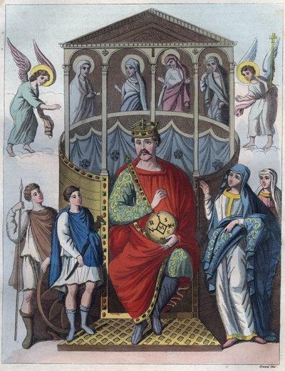 Karel de Kale, Koning van West-Francië, Italië en Heilig Roomse Keizer, 823 - Portret van Karel II de Kale (823 - 877), Koning van Frankrijk gravure uit 