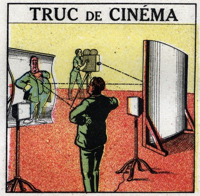 Cinematograaf: filmspullen. Vervormende spiegels geven de illusie van het filmen van monsters. Anonieme illustratie uit 1925. Privécollectie. door Anonymous Anonymous