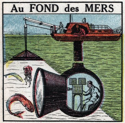 Cinematograaf: een film opnemen op de bodem van de zee. Anonieme illustratie uit 1925. Privécollectie. door Anonymous Anonymous