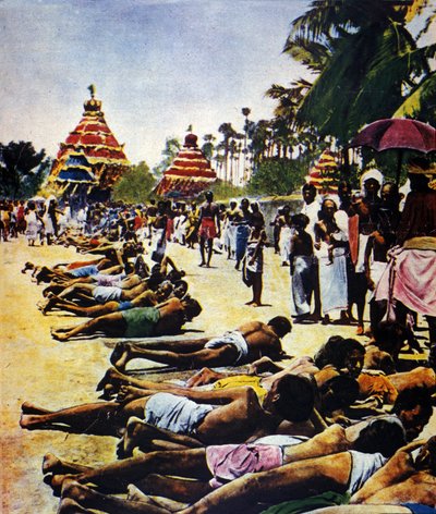 Burgerlijke ongehoorzaamheidsweek in India tegen het Britse Rijk: demonstratie geleid door politiek leider Mohandas Karamchand Gandhi in Jalaipur in 1931. Illustratie uit Il mattino illustrato 1931 door Anonymous Anonymous