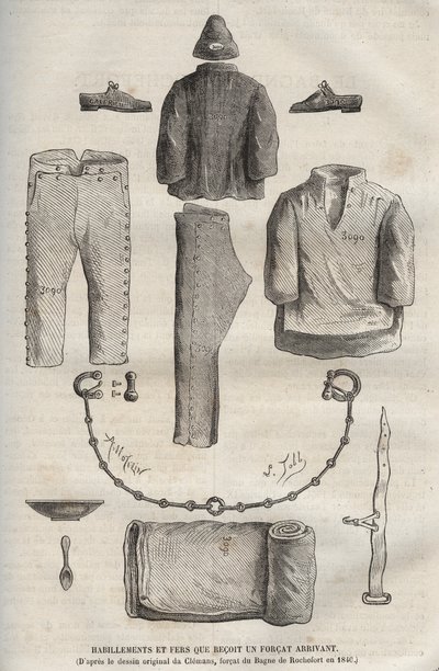 Kleding en kettingen ontvangen door een forcat bij aankomst in de Rochefort bagne in de 19e eeuw (naar de originele tekening van Clemans, forcat du bagne in 1840). Gravure in 