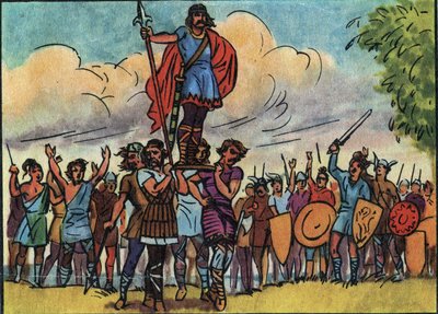 Clovis (koning van de Franken van 481 tot 511) werd tot koning gekozen door de Salische Franken die hem op het schild droegen terwijl ze door het kamp trokken. Anonieme illustratie in 