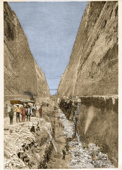 Bouw van het Kanaal van Korinthe 1893 - gravure - Bouw van het Kanaal van Korinthe door Anonymous Anonymous