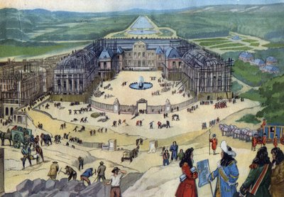 Bouw van het kasteel van Versailles in 1678 volgens de plannen van Jules Hardouin Mansart op de voorgrond koning Lodewijk XIV. door Anonymous Anonymous