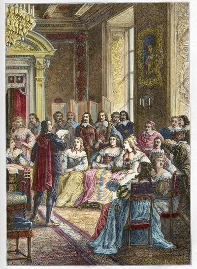 Corneille leest zijn tragedie Polyeucte voor in het Hotel de Rambouillet voor Catherine de Vivonne, Markiezin van Rambouillet en in aanwezigheid van de ruiters en mannen van de kerk (Bossuet was ook een van de habitués van de Blauwe Kamer) - Pierre door Anonymous Anonymous