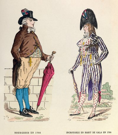 Kostuum van een bourgeois en een Incroyable in galakleding in 1788 door Anonymous Anonymous