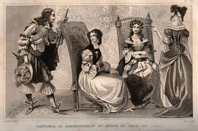 Kostuums aan het begin van het bewind van Lodewijk XIV (1650). Gravure uit 1859 in Le Monde. Geschiedenis van alle volkeren vanaf de vroegste tijden tot heden. door M. E. de Lostalot-Bachoue. Privécollectie. door Anonymous Anonymous
