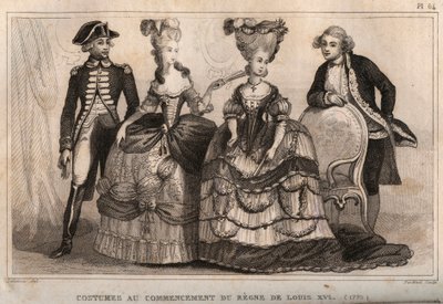 Kostuums aan het begin van het bewind van Lodewijk XVI (1775). Gravure uit 1859 in 
