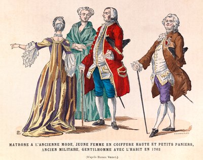 Kostuums van een oude modieuze matrone, een jonge vrouw met hoog kapsel en kleine manden, een voormalig militair en een heer in pak in 1762 (regeerperiode van koning Lodewijk XV) - privécollectie door Anonymous Anonymous