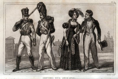 Kostuums onder Lodewijk XVIII. Gravure uit 1859 in 