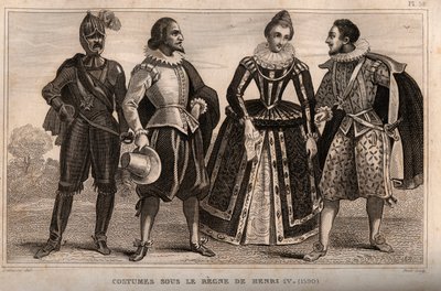 Kostuums onder het bewind van Hendrik IV (1590). Gravure uit 1859 in Le Monde. Geschiedenis van alle volkeren vanaf de vroegste tijden tot heden. door M. E. de Lostalot-Bachoue. Privécollectie. door Anonymous Anonymous