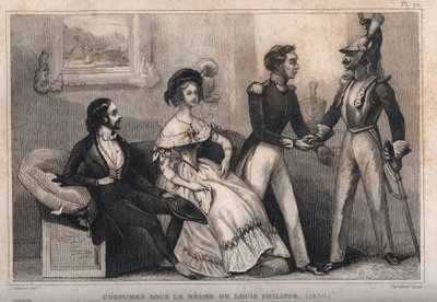 Kostuums onder het bewind van Lodewijk Filips (1839). Gravure uit 1859 in Le Monde. Geschiedenis van alle volkeren vanaf de vroegste tijden tot heden. door M. E. de Lostalot-Bachoue. Privécollectie. door Anonymous Anonymous